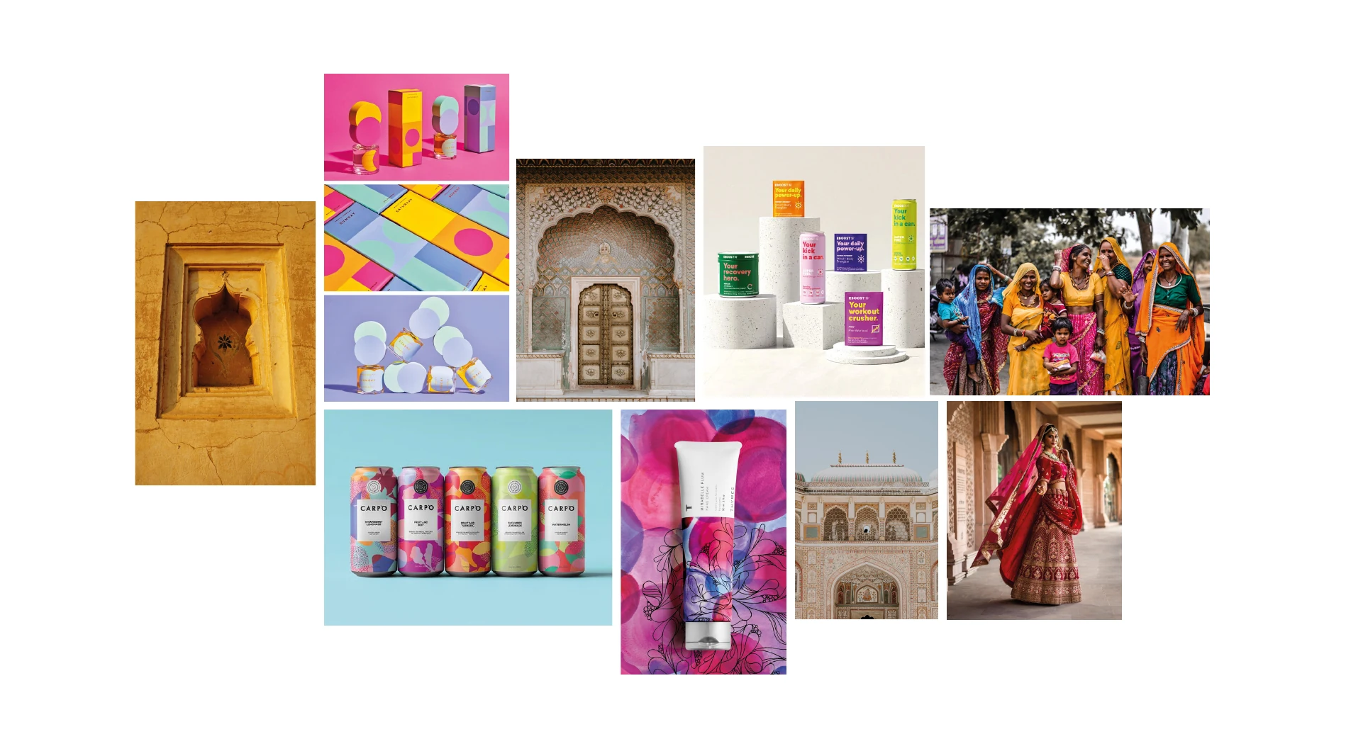 Moodboard de referencias indias, color, arcos, patrones y envases.
