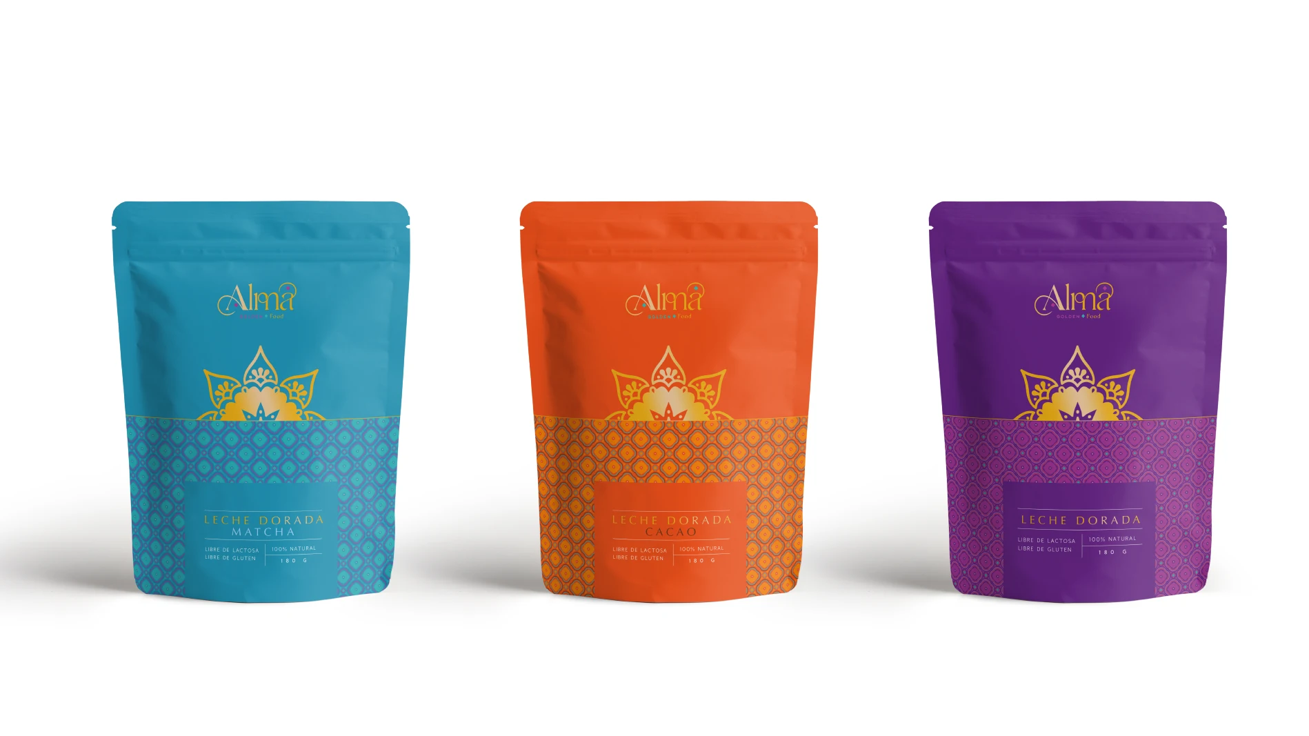 Tercera ruta de packaging en doypacks azul, naranja y morado.