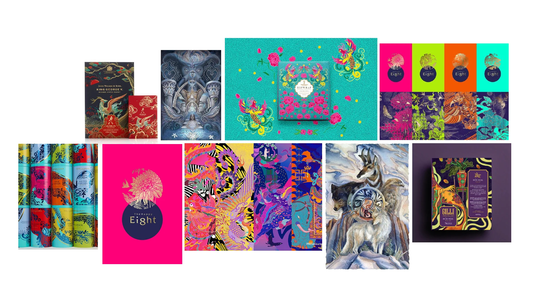 Moodboard Almanimals con animales, patrones intensos y referencias de packaging.