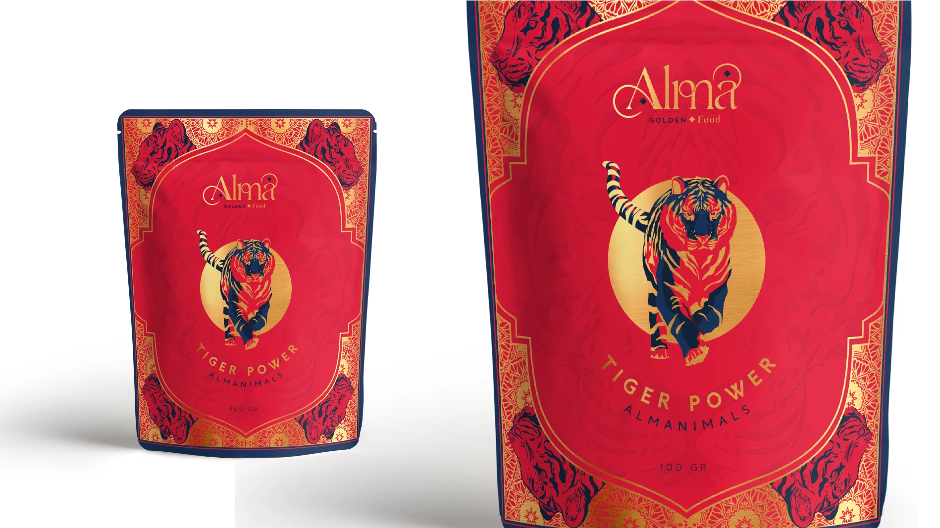 Propuesta Tiger Power Almanimals en rojo, azul oscuro y dorado.