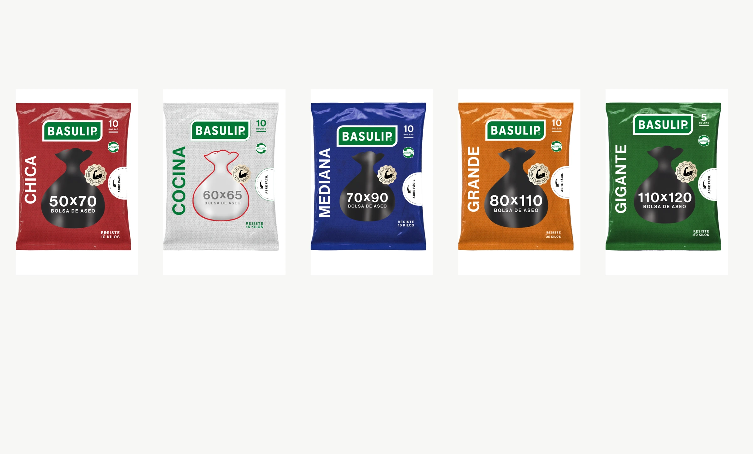 Familia completa de bolsas de aseo Basulip en cinco colores y tamaños sobre fondo claro.