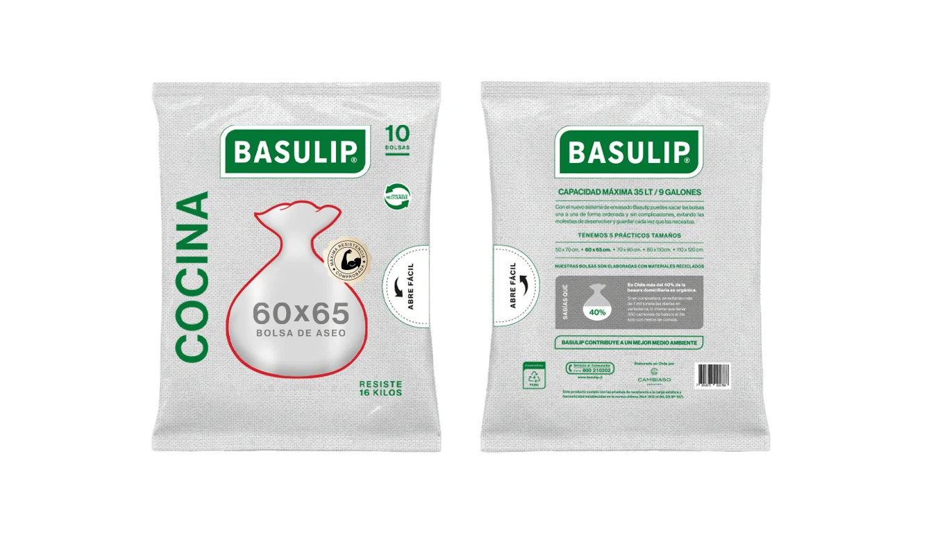 Envases frontal y posterior de la bolsa de aseo Basulip Cocina 60 por 65, en blanco y verde.