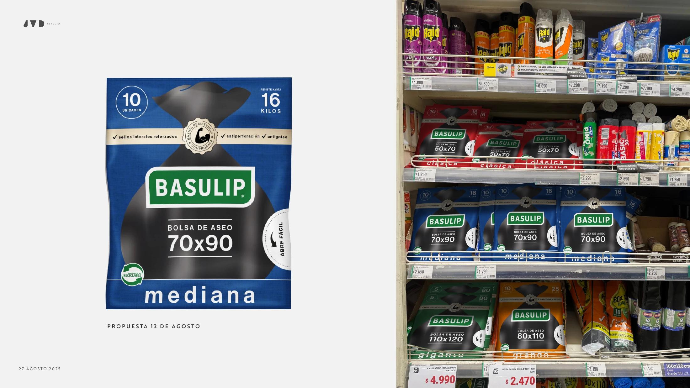 Simulación del packaging Basulip Mediana dentro de una góndola de productos de aseo.