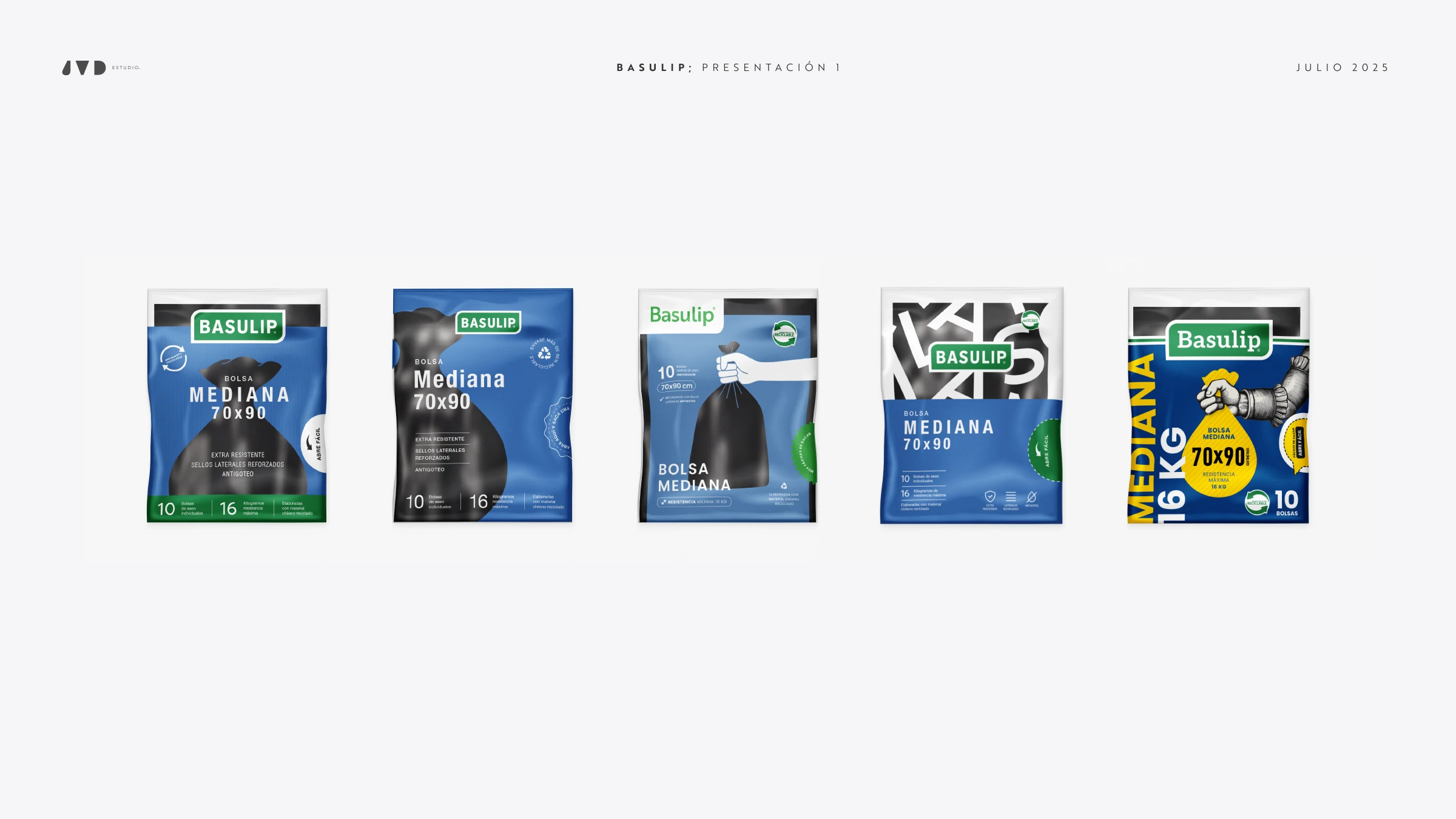 Resumen de cinco rutas iniciales de rediseño para el packaging Basulip Mediana.