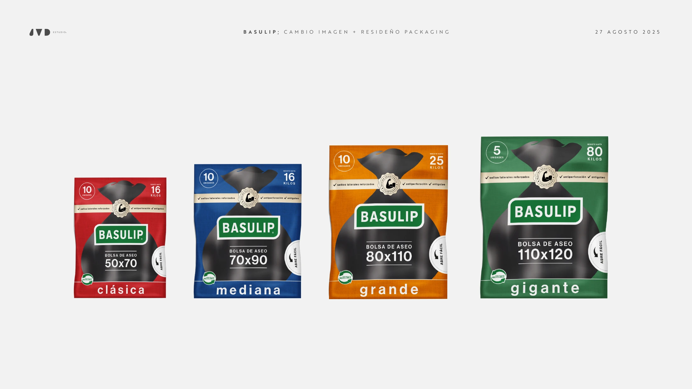 Familia seleccionada de packaging Basulip para formatos Clásica, Mediana, Grande y Gigante.