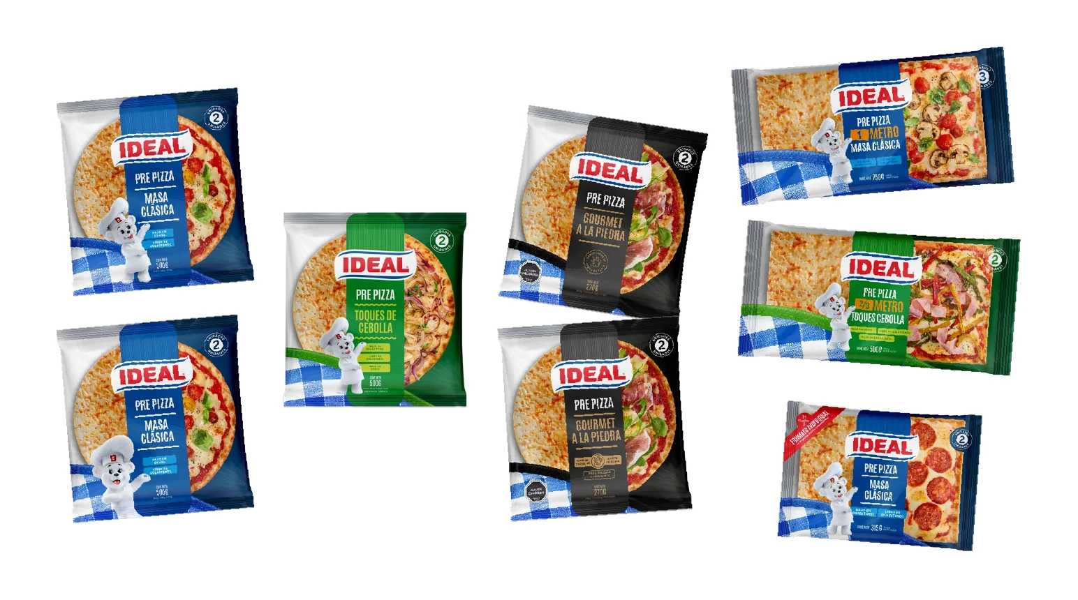 Familia de envases Ideal Pre Pizza con líneas clásica, sabores, gourmet y formatos de mayor longitud.