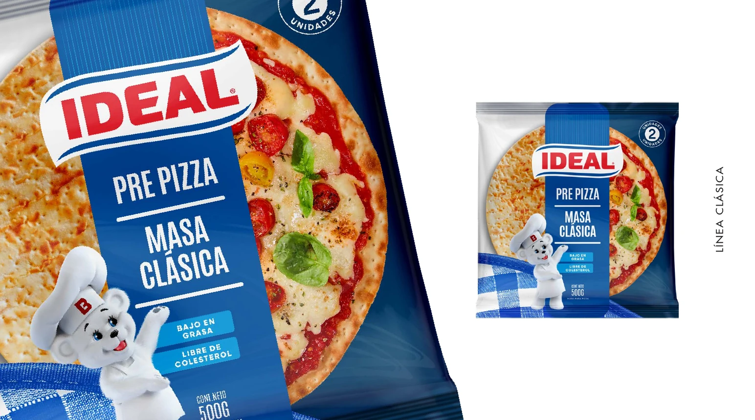 Envase Ideal Pre Pizza Masa Clásica con mantel azul, osito y fotografía cenital de pizza.