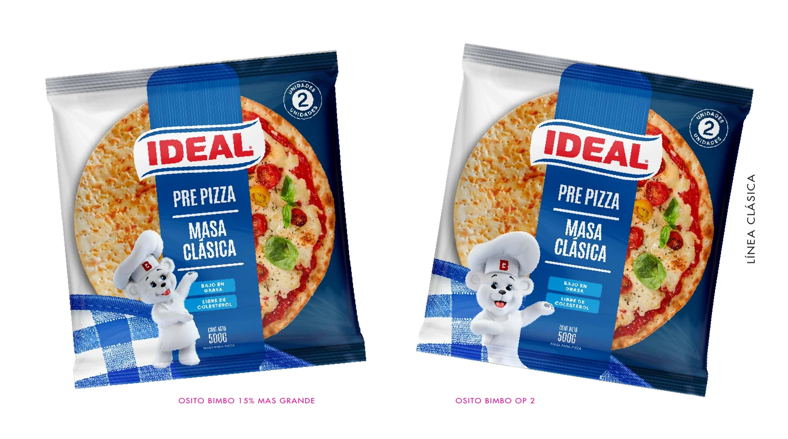 Comparación de dos aplicaciones del Osito Bimbo en el envase Ideal Pre Pizza Masa Clásica.