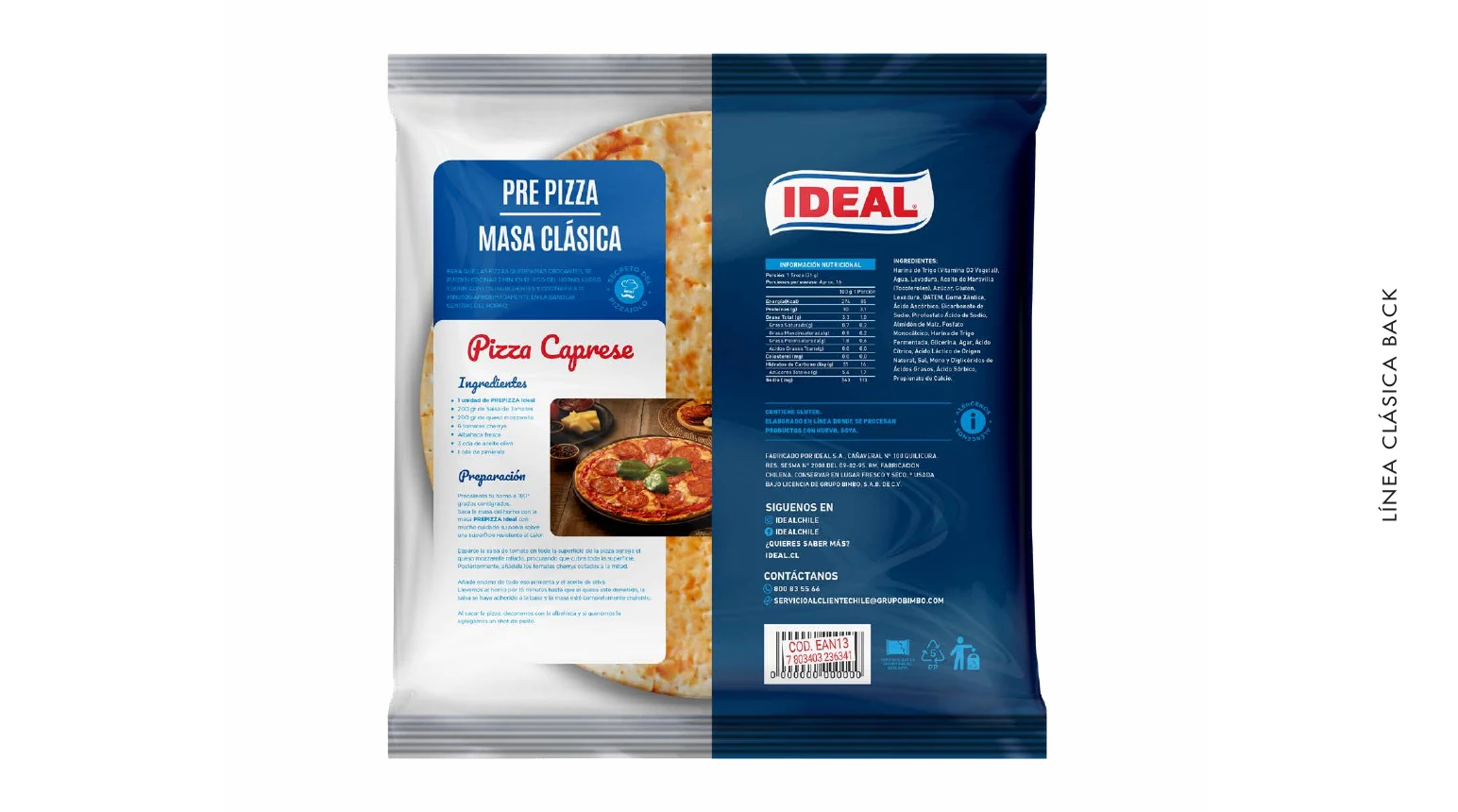 Reverso del envase Ideal Pre Pizza Masa Clásica con instrucciones, receta e información del producto.