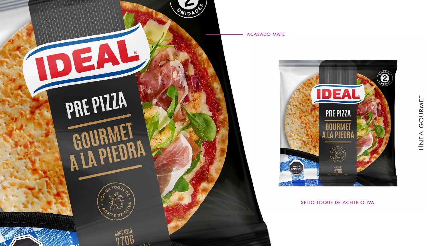 Envase negro Ideal Pre Pizza Gourmet a la Piedra con fotografía de pizza.