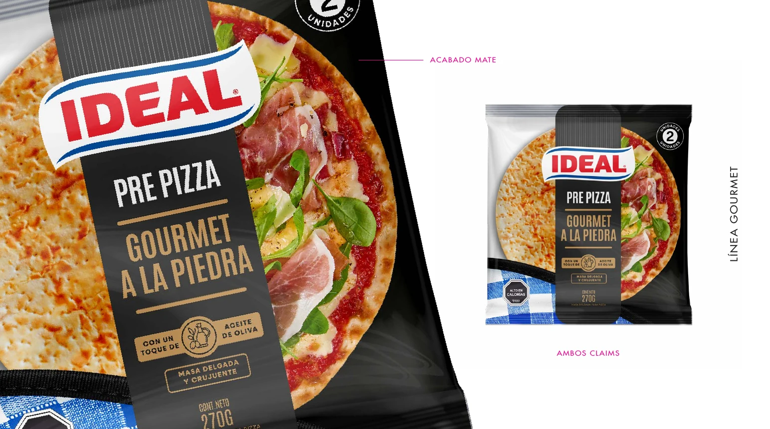 Alternativa de envase Gourmet a la Piedra con sellos y claims en el frente.