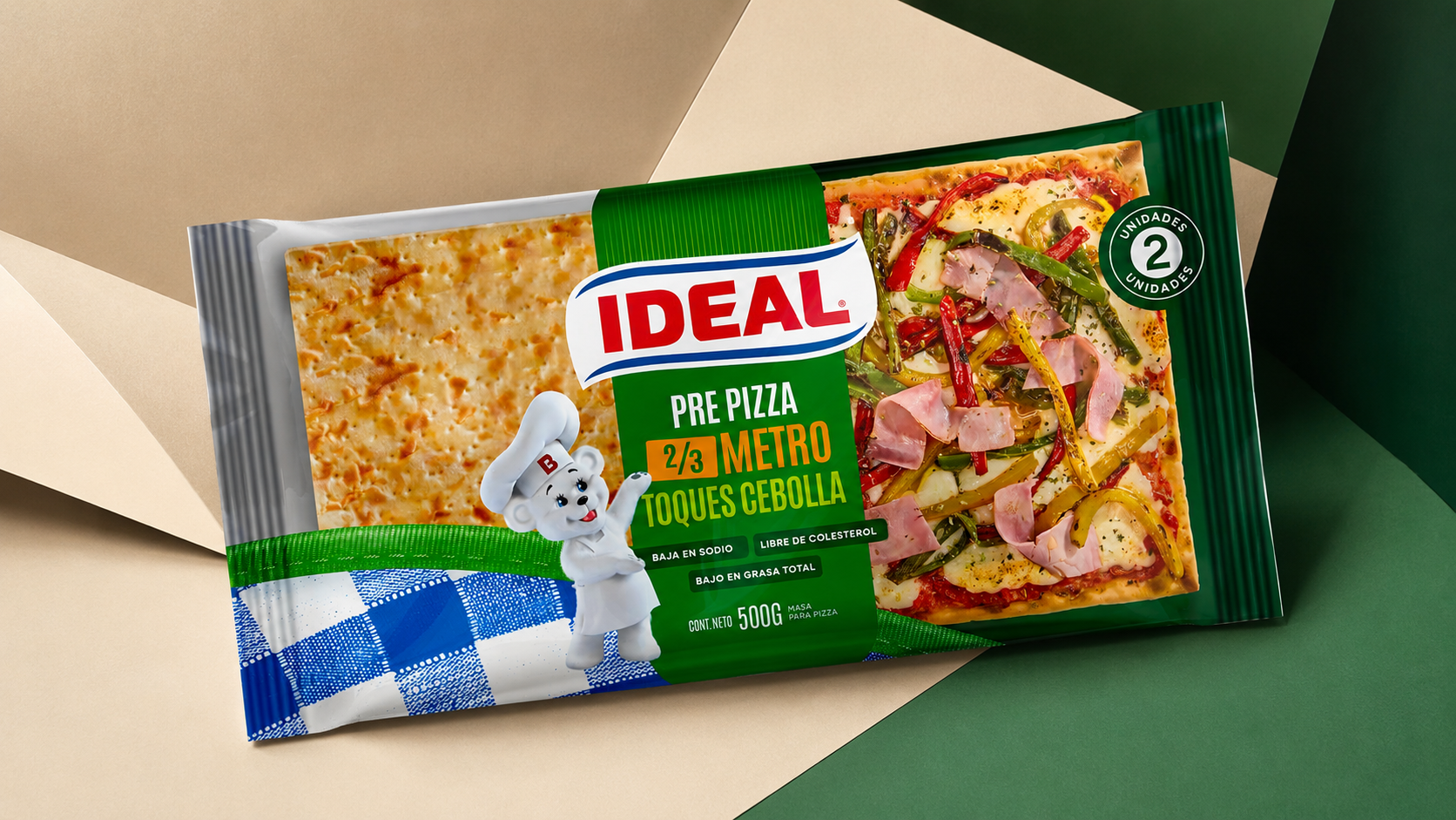 Envase Ideal Pre Pizza 2/3 Metro Toques de Cebolla con jamón, pimentones y espárragos.