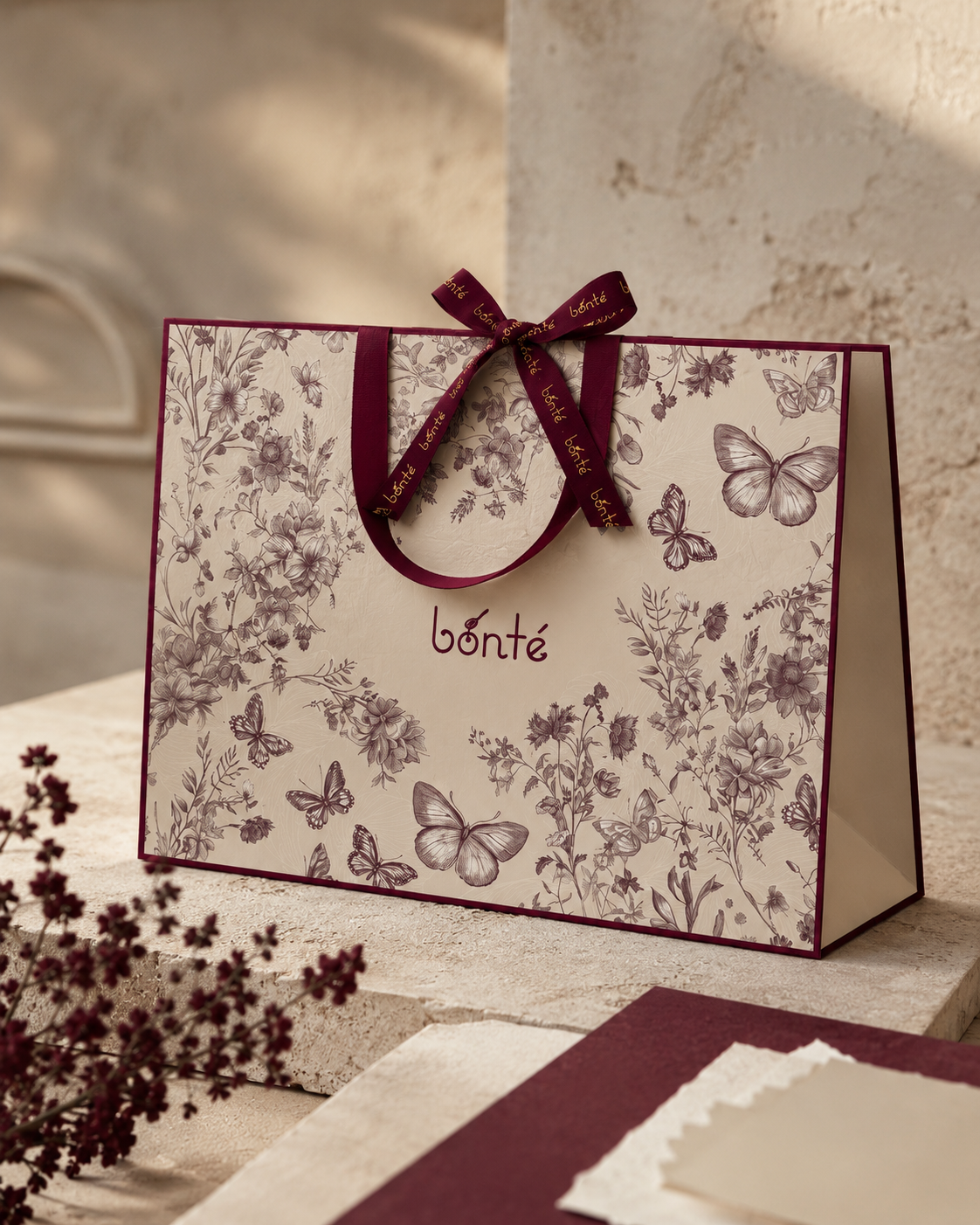Bonté gift bag with a floral butterfly pattern and burgundy ribbon.