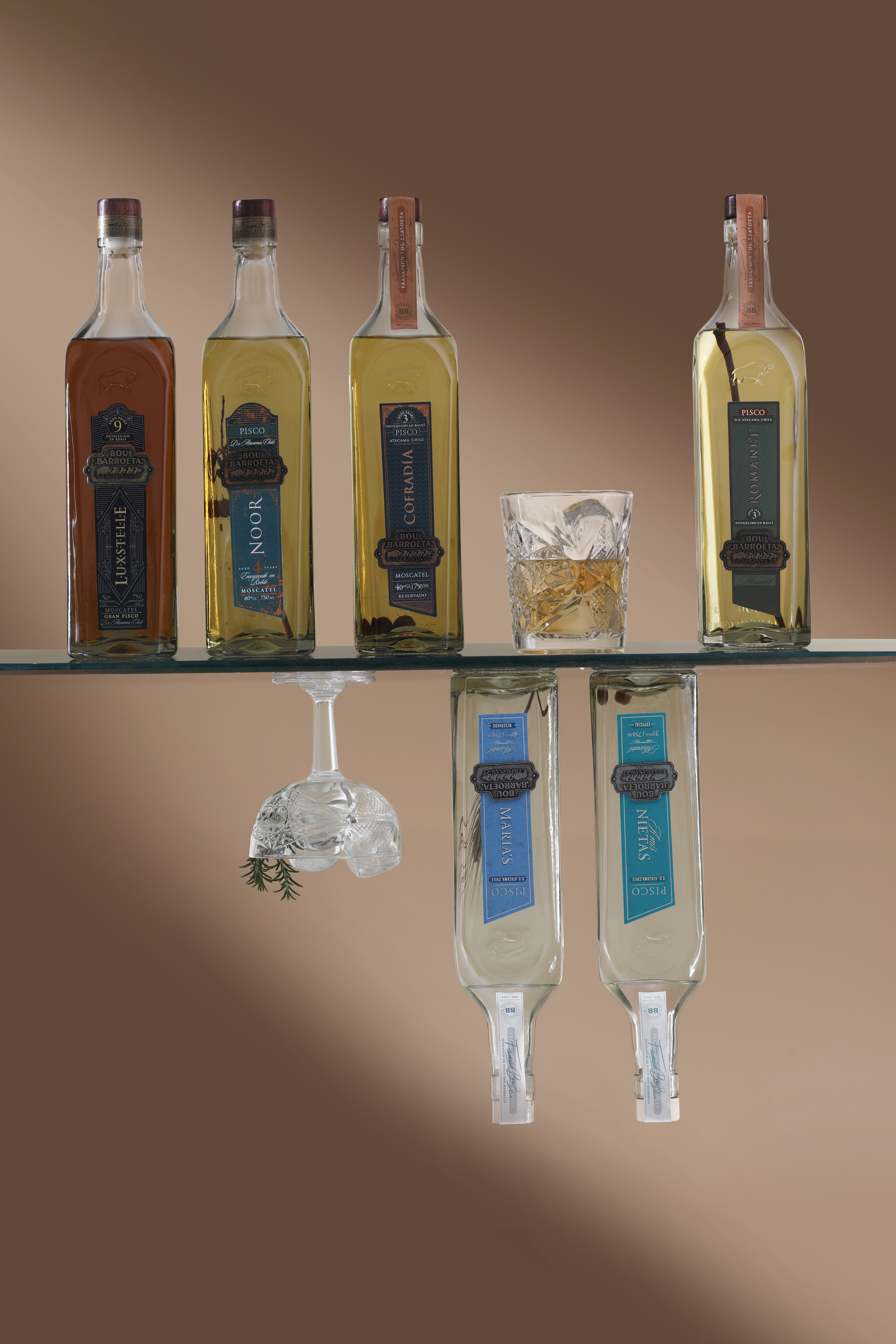 Botellas Bou Barroeta dispuestas sobre y bajo una repisa de vidrio, acompañadas por una copa.
