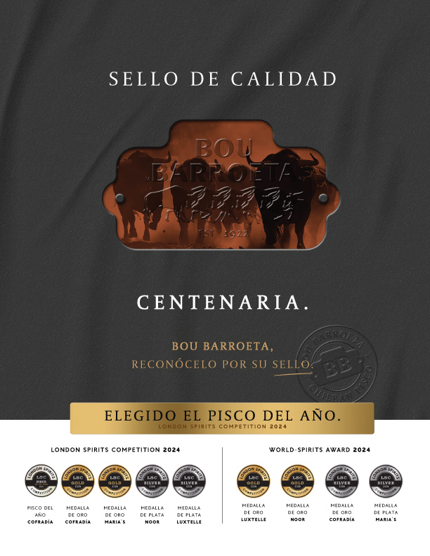 Gráfica de Bou Barroeta con sello centenario y una selección de medallas de concursos de destilados.