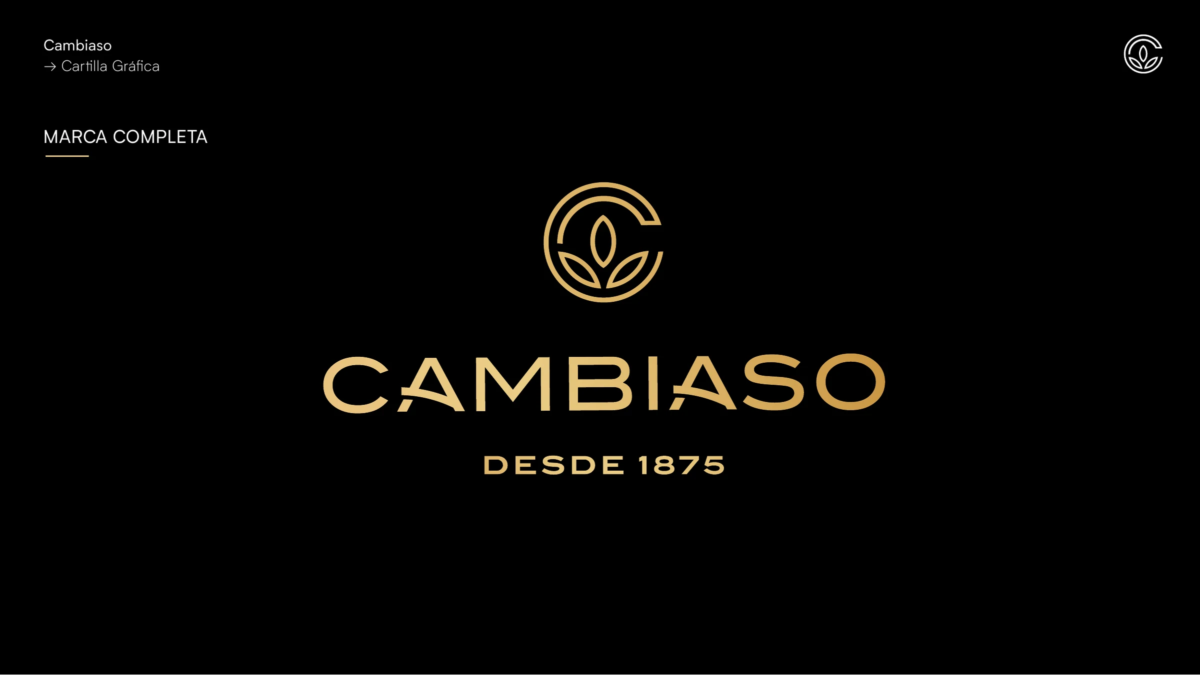 Marca completa Cambiaso con isotipo, nombre y la frase Desde 1875 sobre fondo negro.