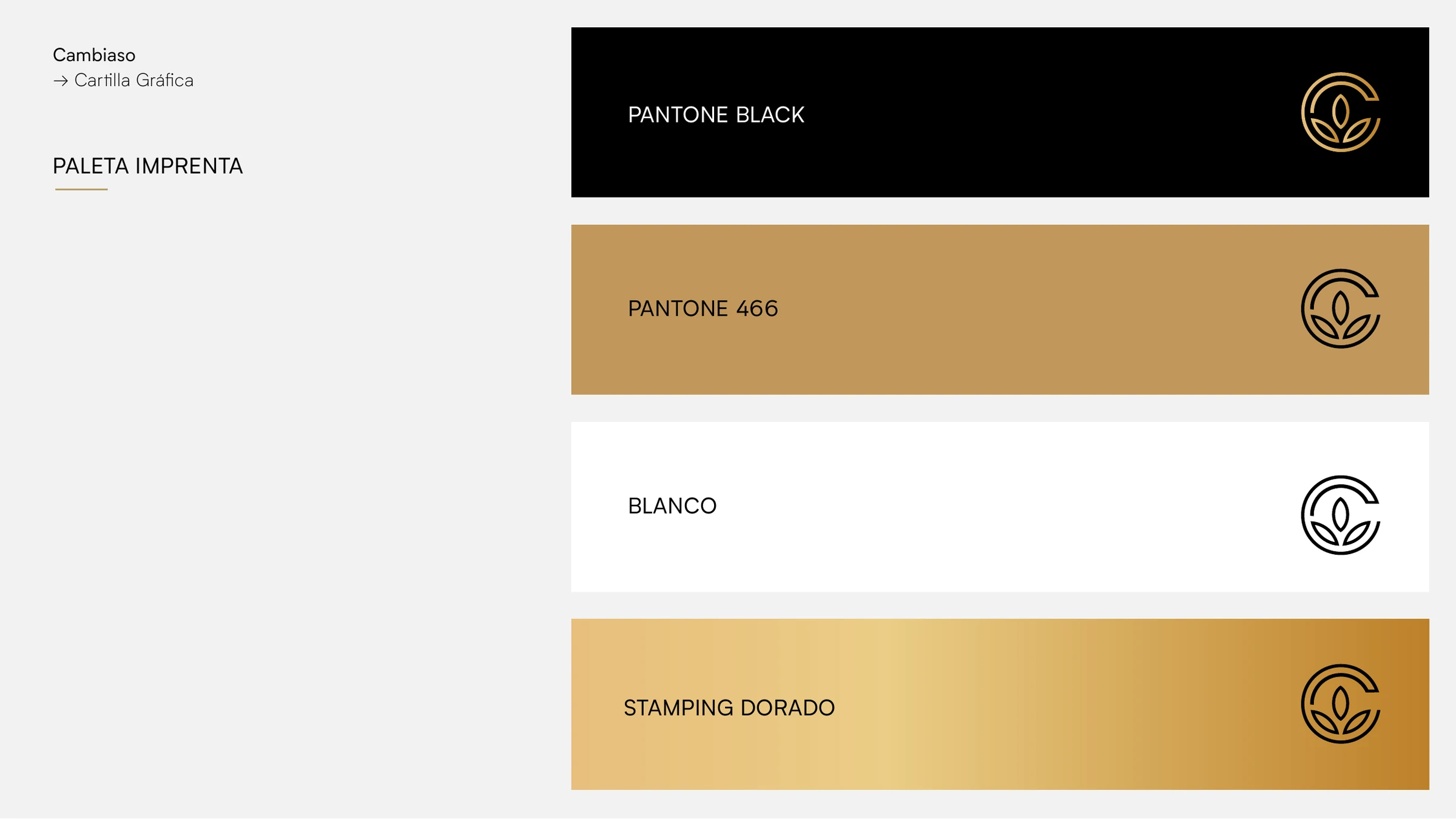 Paleta principal Cambiaso en negro, dorado y blanco.