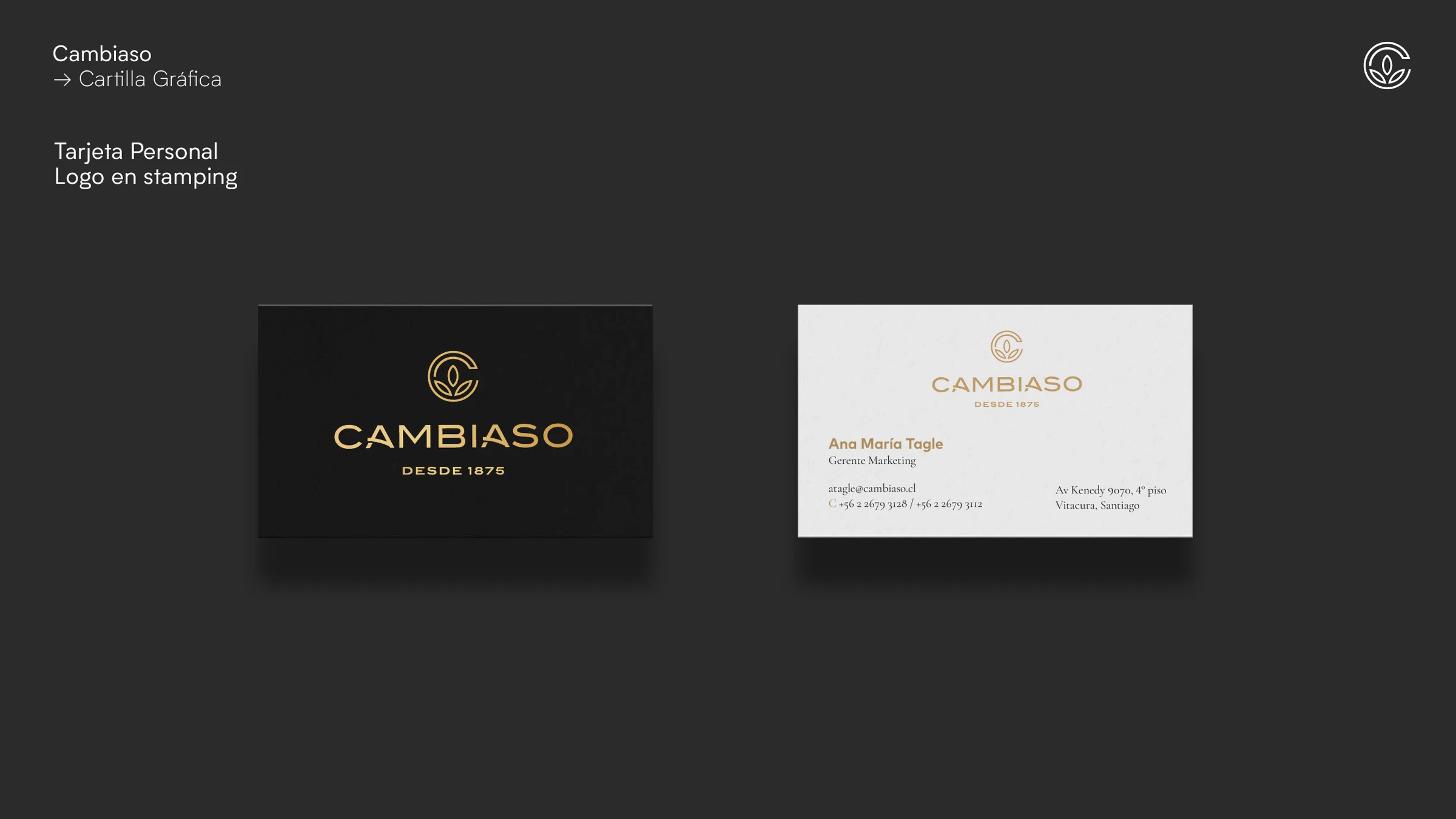 Tarjetas personales Cambiaso en versiones blanca y negra.