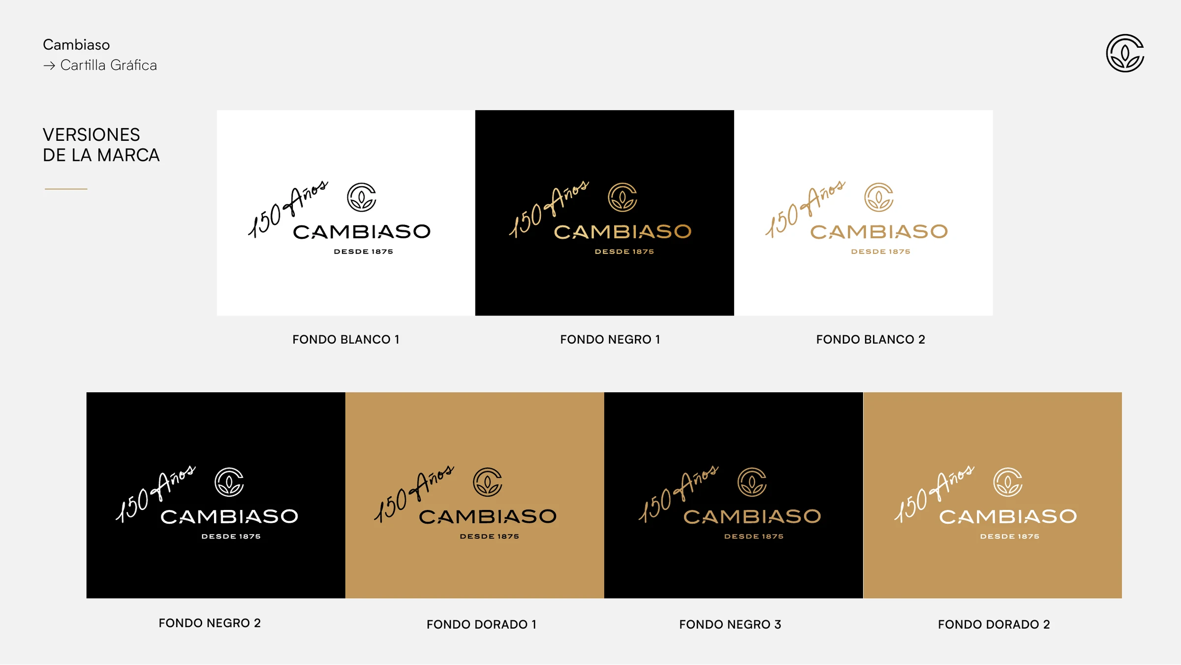 Versiones del logotipo Cambiaso 150 Años en fondos claros, negros y dorados.