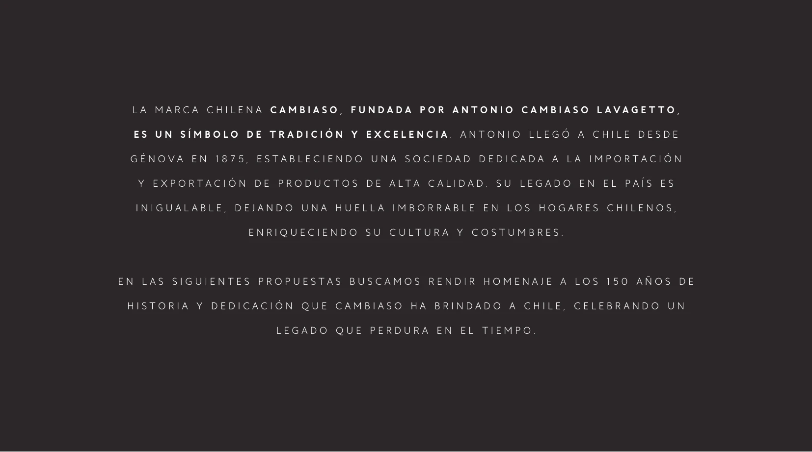 Lámina de presentación que introduce los 150 años de historia de Cambiaso desde 1875.