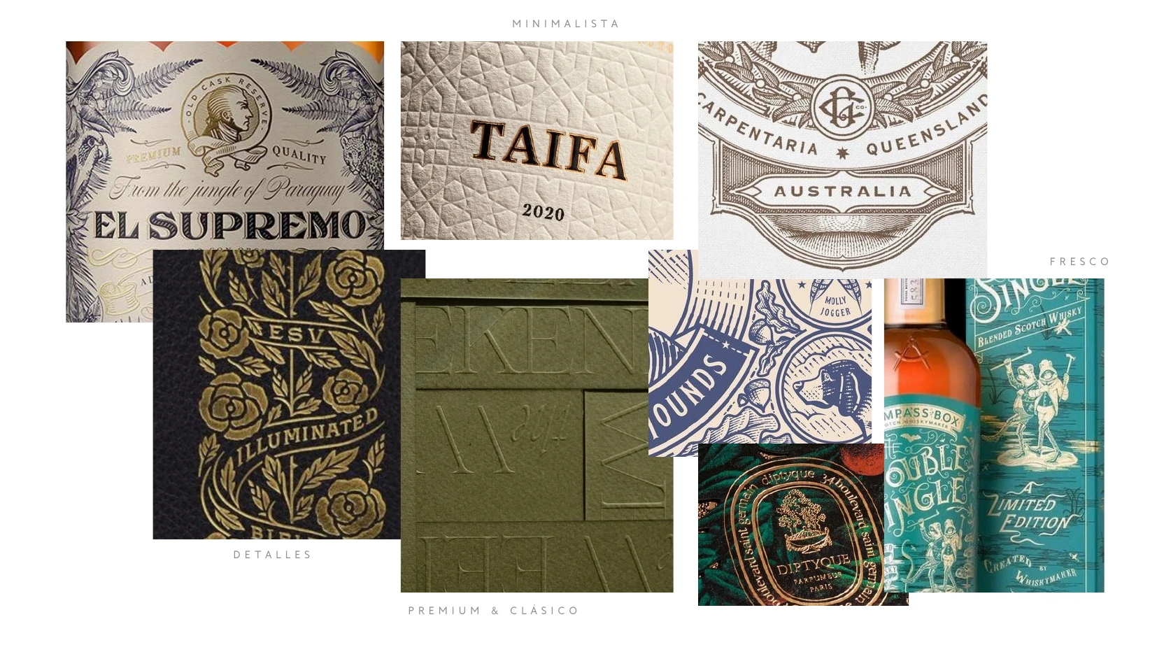 Moodboard con referencias históricas, etiquetas y piezas gráficas ligadas a la trayectoria de Cambiaso.