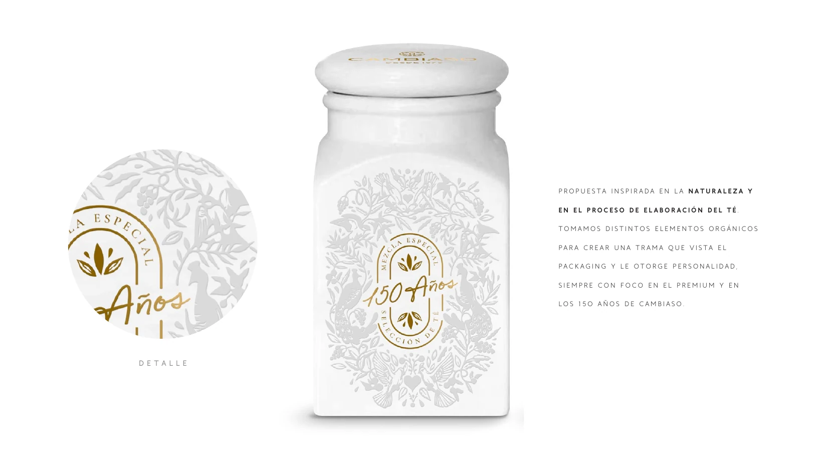 Primera propuesta de frasco conmemorativo Cambiaso 150 años, inspirada en naturaleza y elaboración del té.