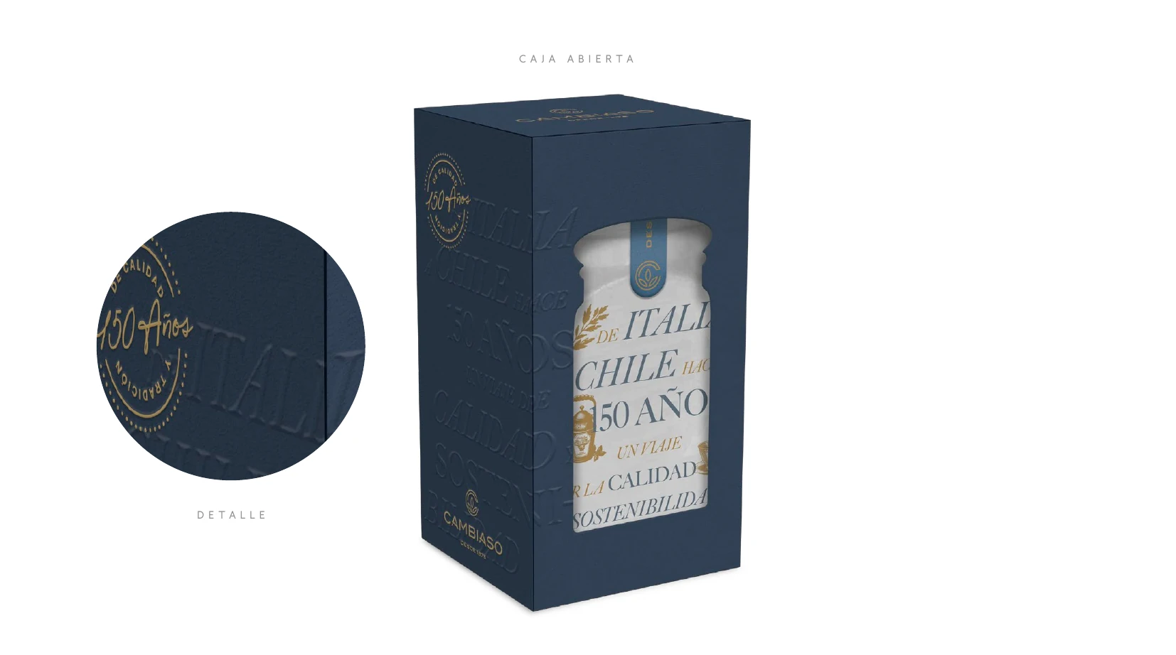 Segunda propuesta de caja Cambiaso en azul oscuro con frasco conmemorativo.