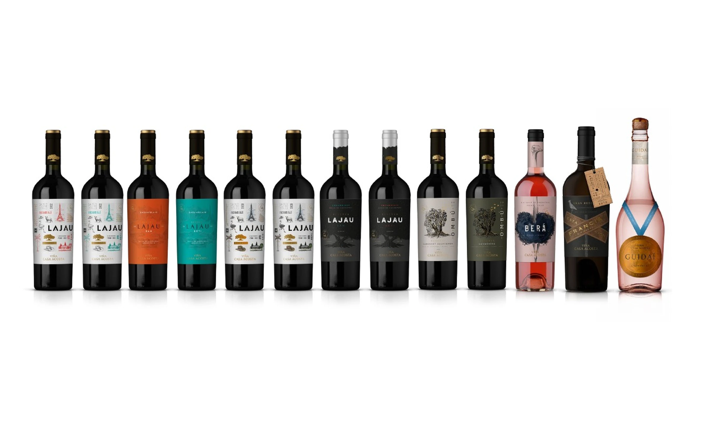 Portafolio de botellas Casa Acosta con Lajau, Ombú, Berá, Estación Francia y Guidaí.