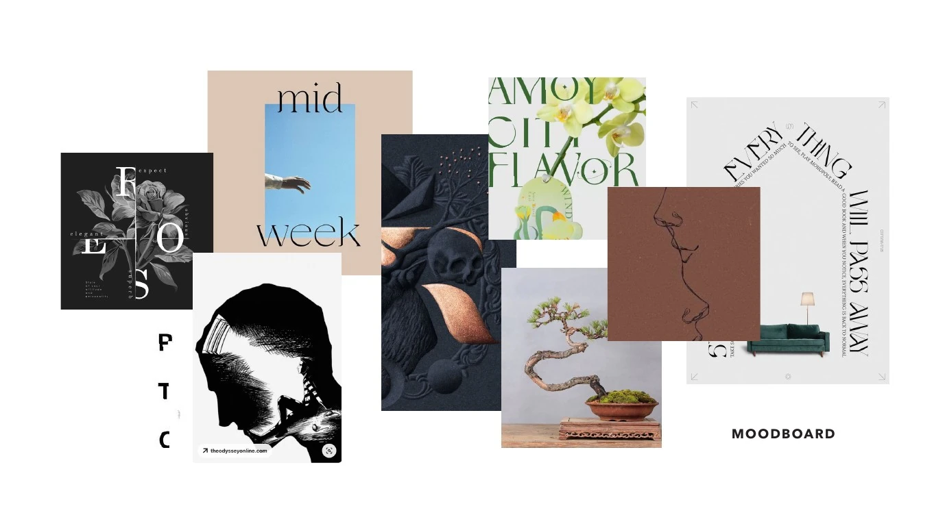 Moodboard de Ombú con árbol, raíces, texturas y referencias editoriales.