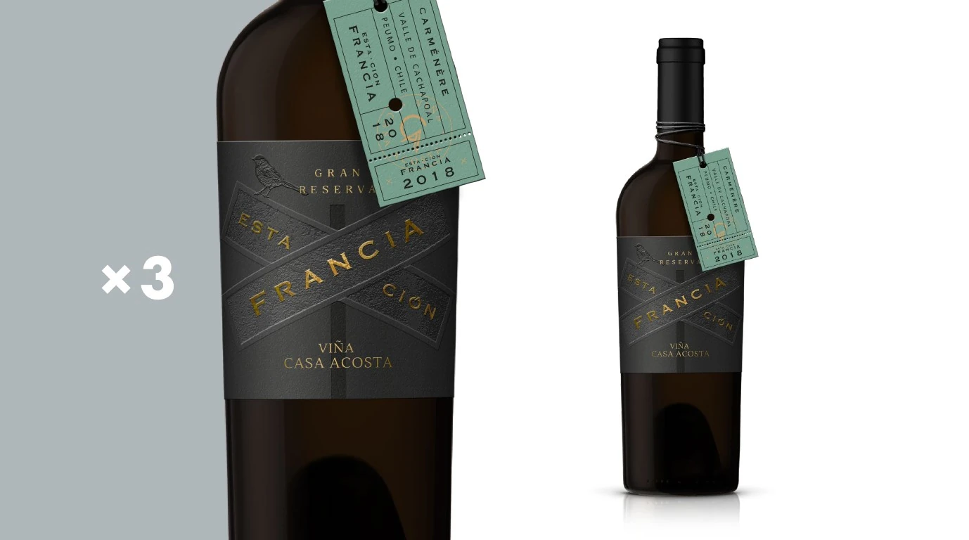 Ruta de Estación Francia con etiqueta oscura y elemento gráfico inspirado en un ticket.