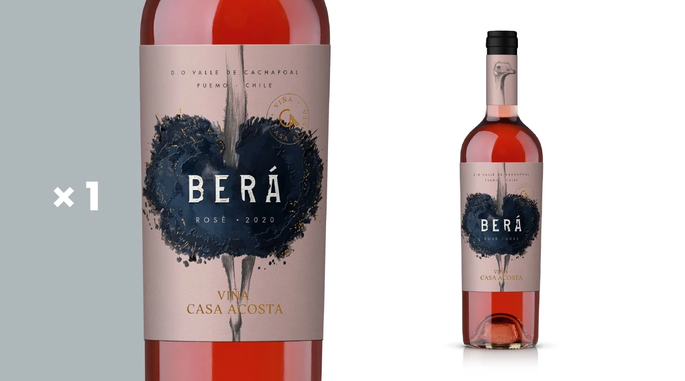 Ruta de etiqueta Berá Rosé con avestruz como figura central.