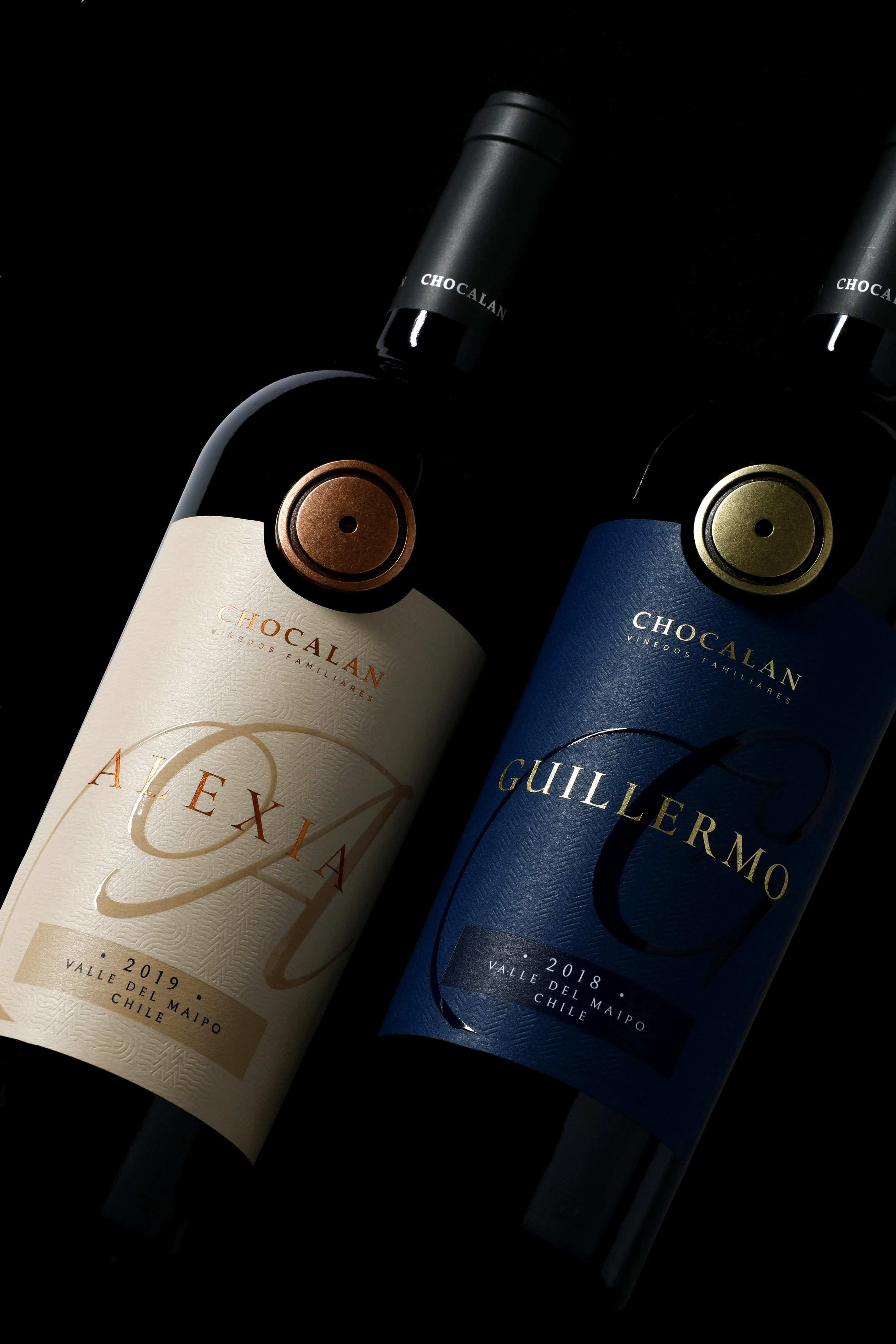 Alexia and Guillermo bottles from Viña Chocalán on a black background, with cream and blue labels of high materiality.