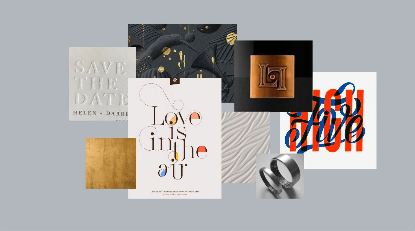 Moodboard del proyecto Alexia y Guillermo con referencias de caligrafía, materialidad y vínculos.