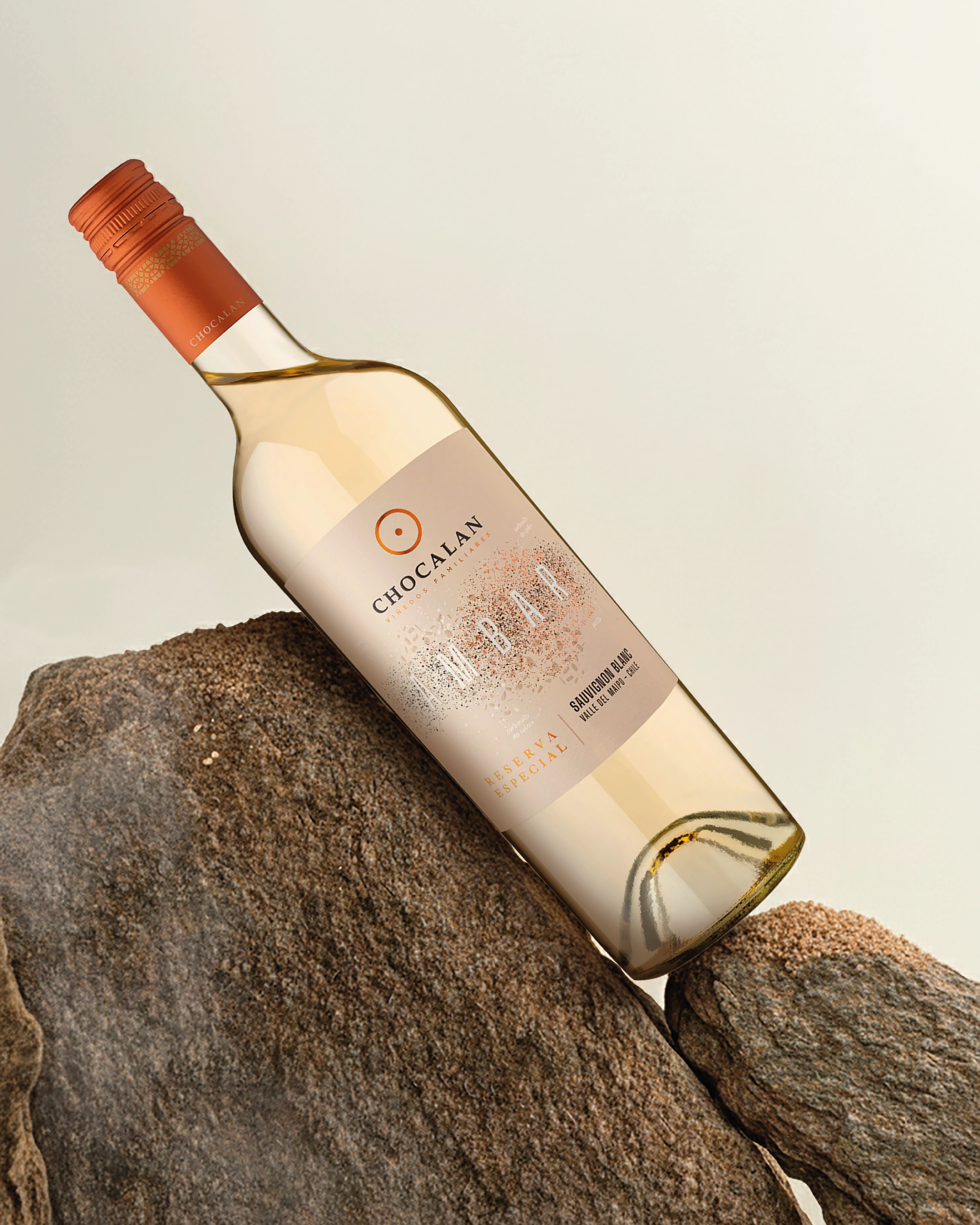 Botella blanca Ámbar de Viña Chocalán apoyada sobre rocas.