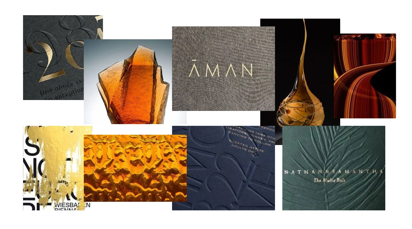 Moodboard de Ámbar con referencias de vidrio incandescente, minerales, texturas y tonos cobrizos.