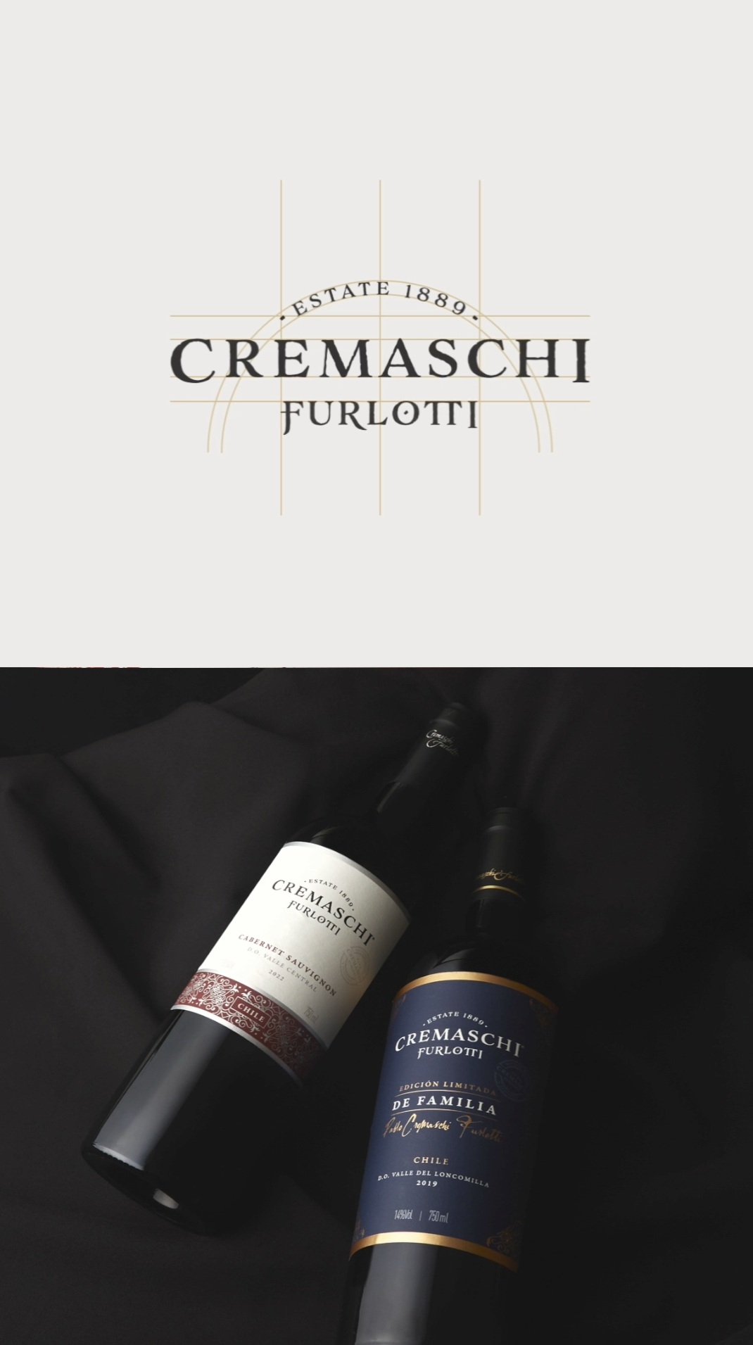 Composición de identidad Cremaschi Furlotti con construcción del logotipo y dos botellas sobre fondo negro.