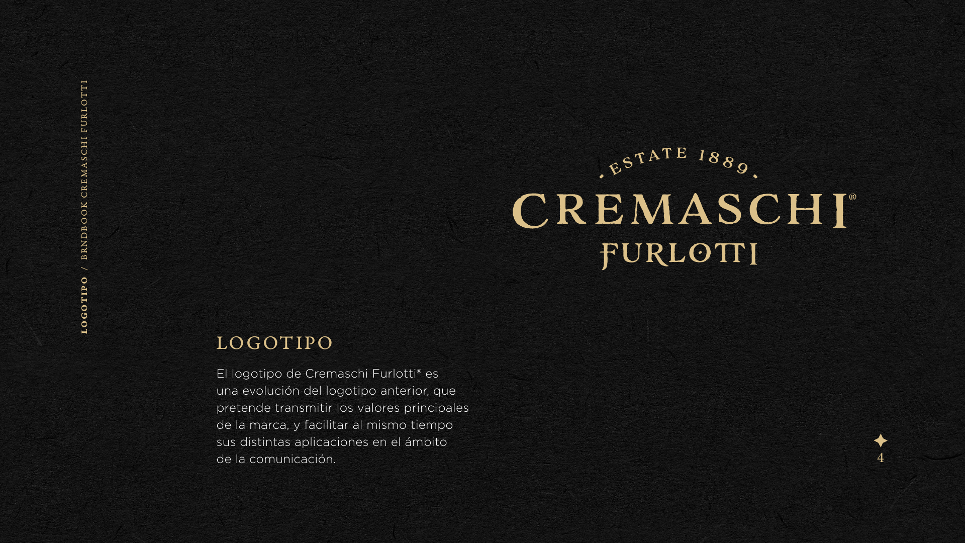 Página del brandbook con el logotipo final de Cremaschi Furlotti sobre fondo negro.