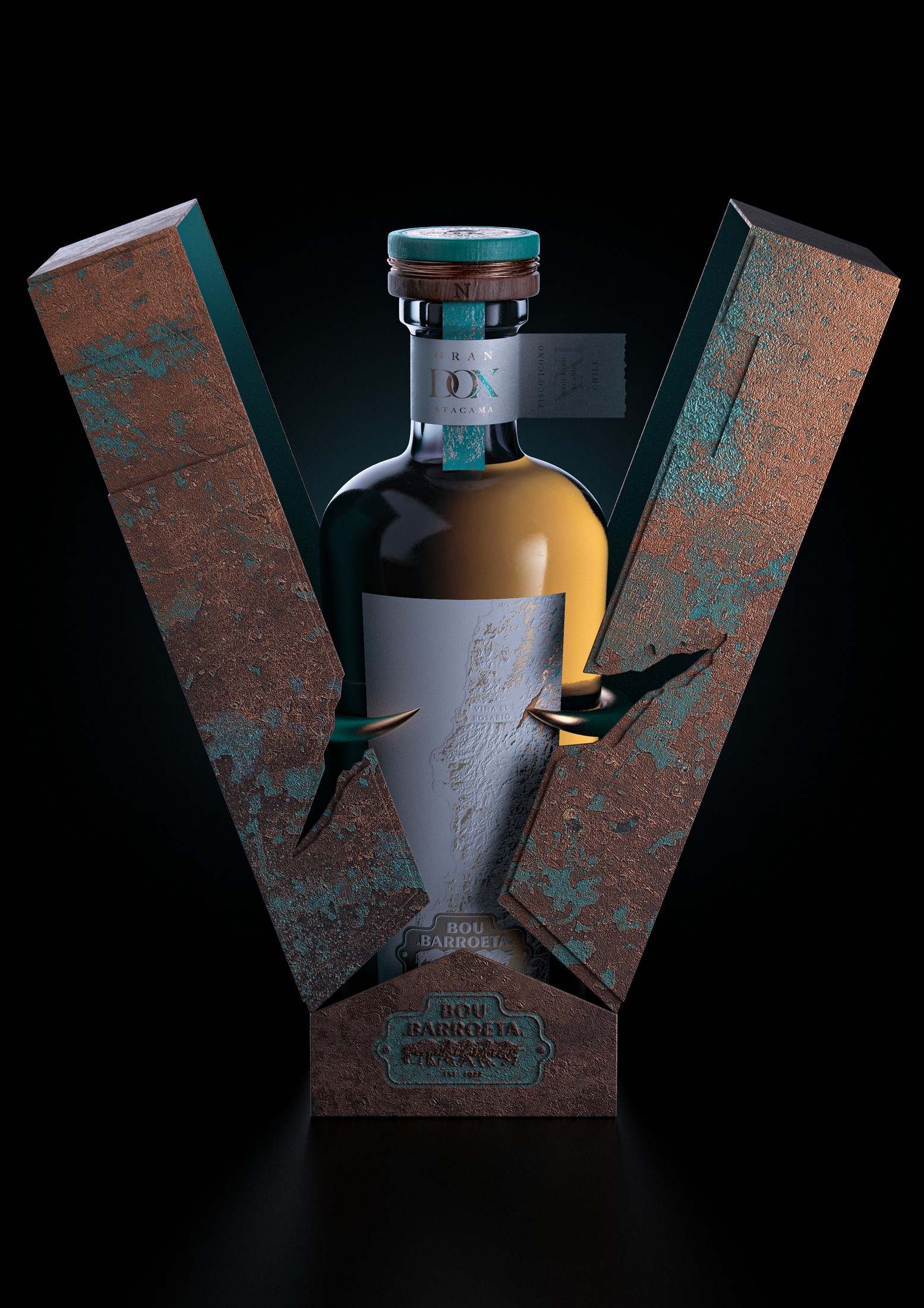 Estuche abierto de Gran Pisco DOX con la botella contenida entre dos planos de acabado cobrizo
