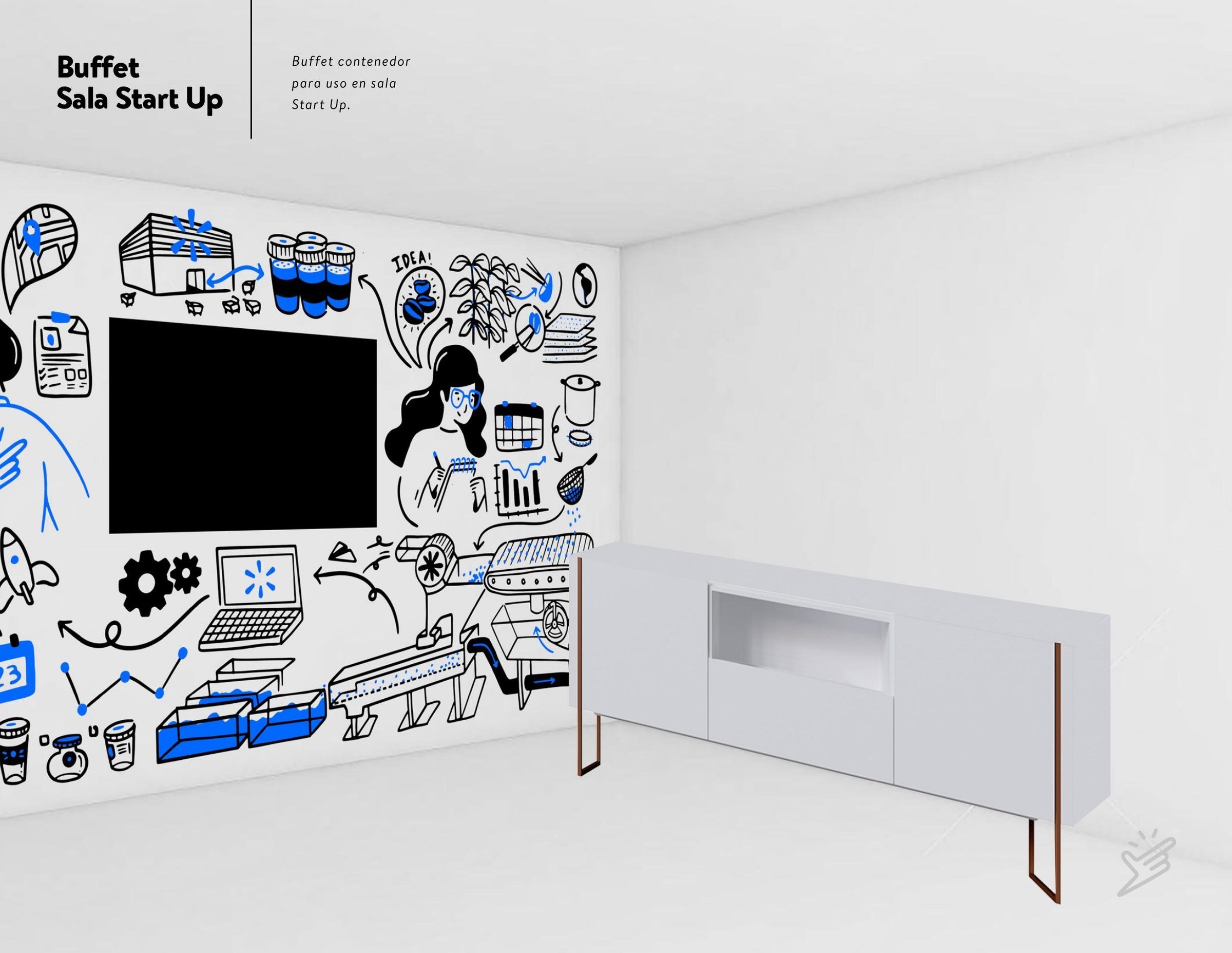 Propuesta de espacio Eureka Labs con mural de ilustraciones negras y azules y mobiliario blanco