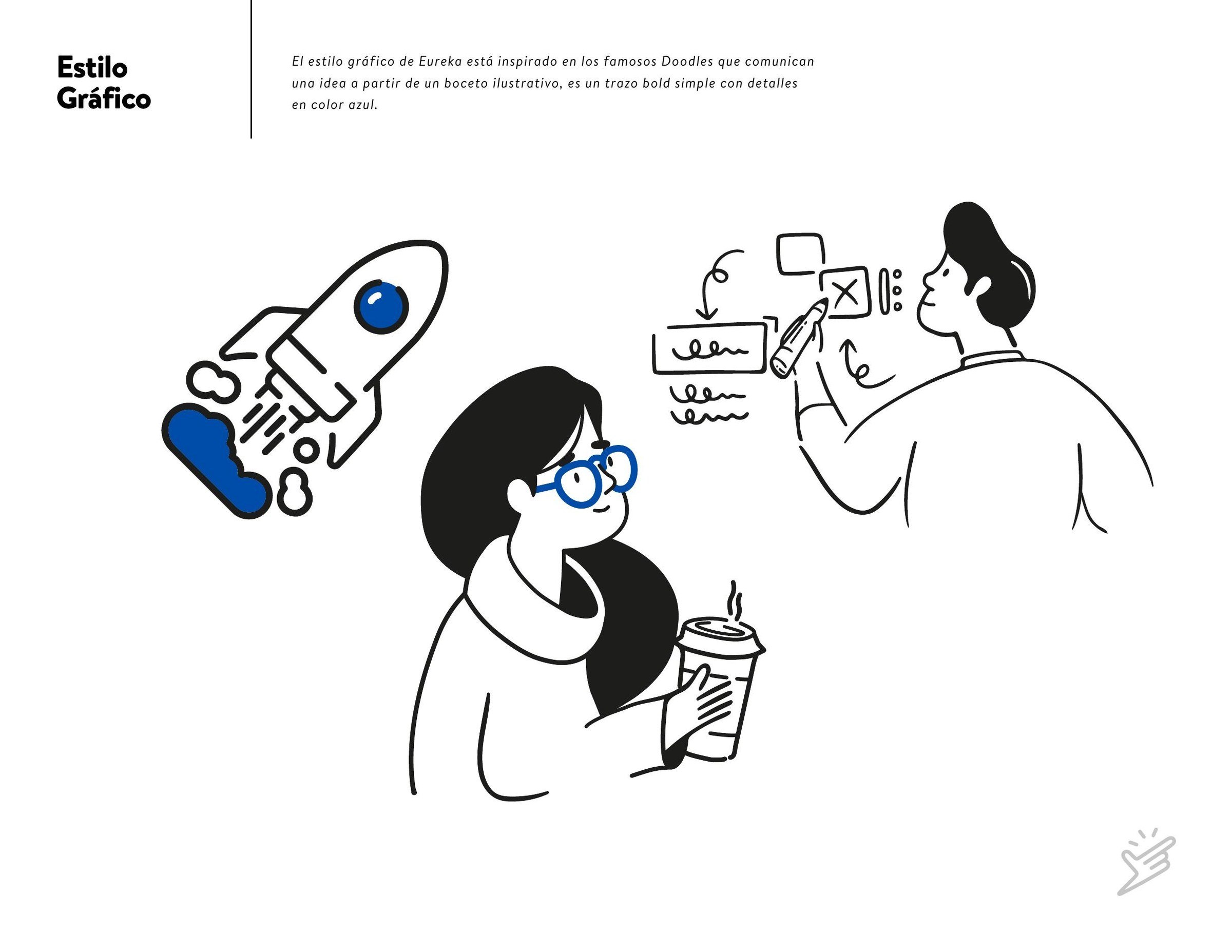 Ilustraciones de Eureka Labs realizadas con trazos negros y detalles azules sobre innovación, trabajo y colaboración