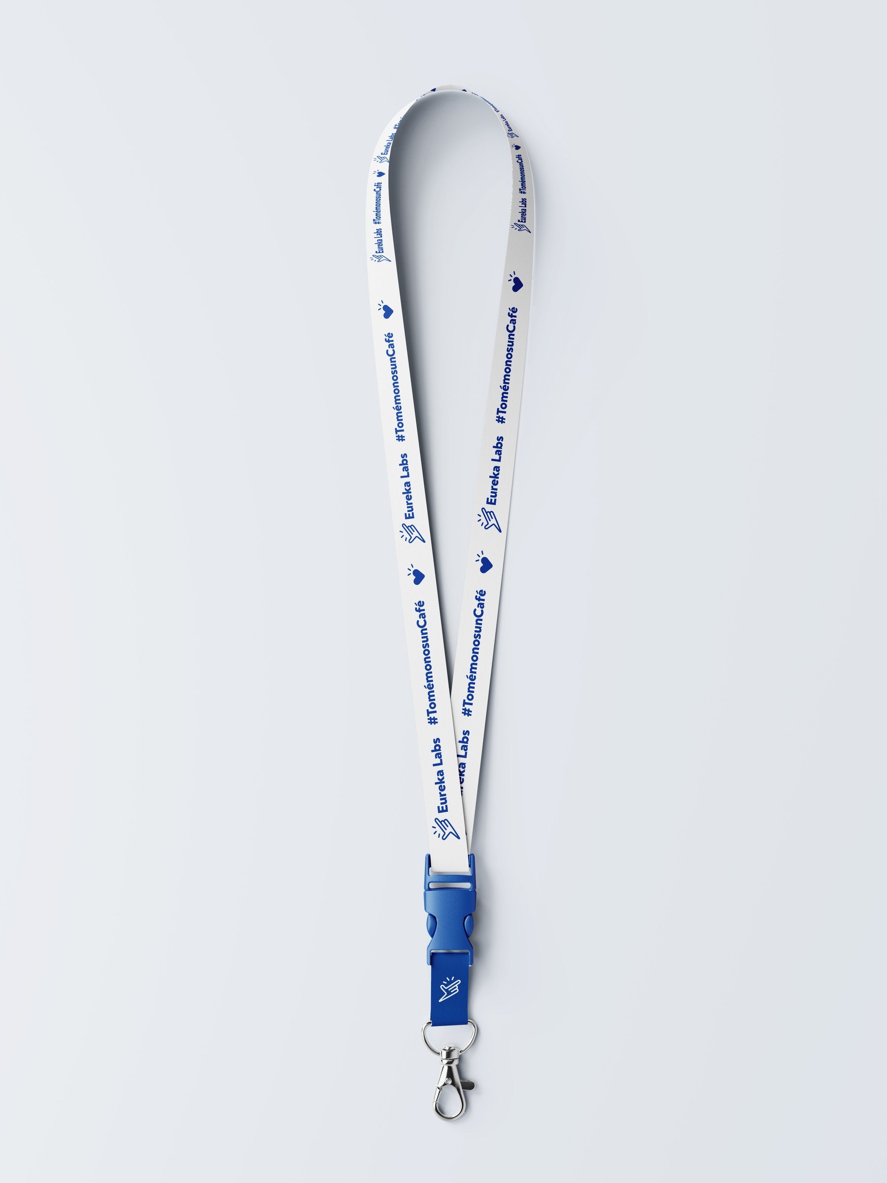 Lanyard blanco y azul de Eureka Labs con logotipo e ilustraciones