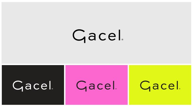 Sistema de logotipo Gacel sobre distintos fondos de color: gris, negro, rosado y lima.