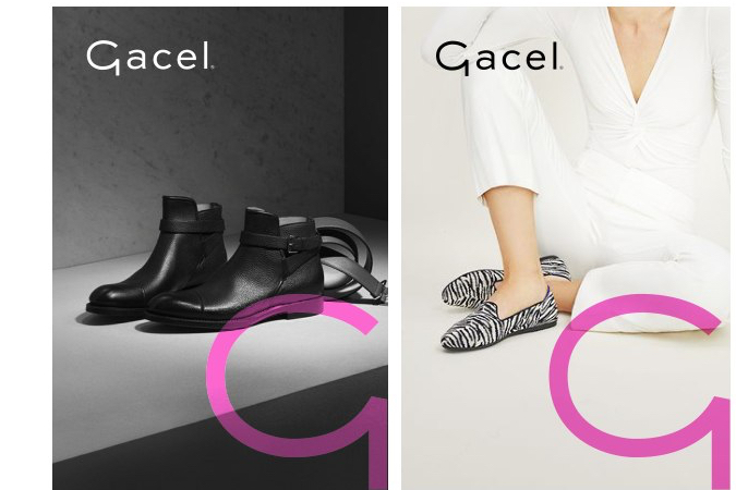 Key visuals institucionales de Gacel: botas negras sobre concreto y zapatos texturizados junto a una silueta vestida de blanco, con la G como recurso gráfico.