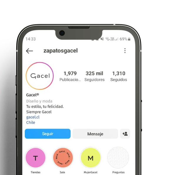 Cabecera de Instagram de Gacel con el sistema de marca aplicado a perfil, biografía e historias destacadas.