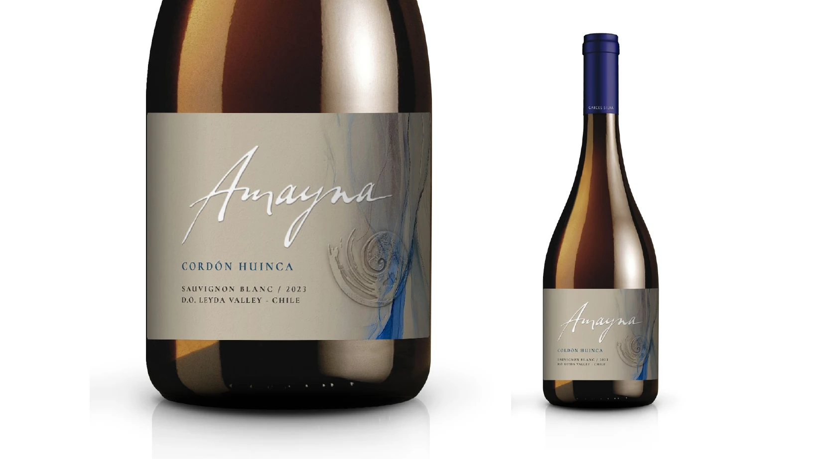 Segunda propuesta de botella Cordón Huinca con etiqueta clara y gráfica lineal.