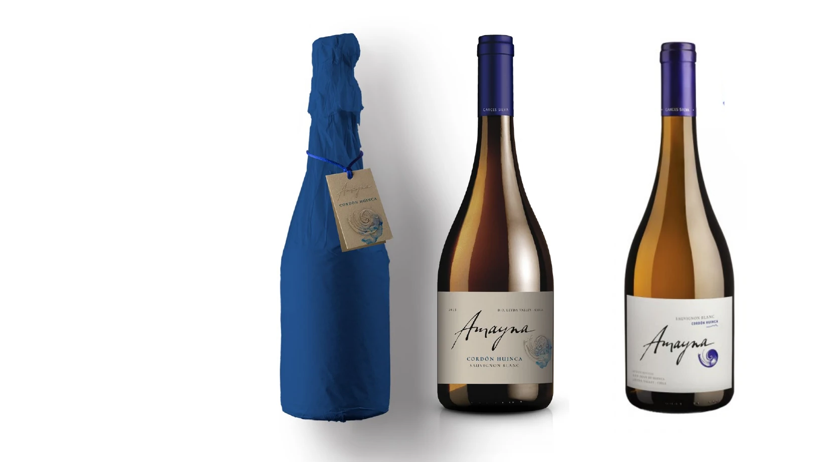 Propuesta de envoltorio azul para Cordón Huinca junto a botellas de Amayna.