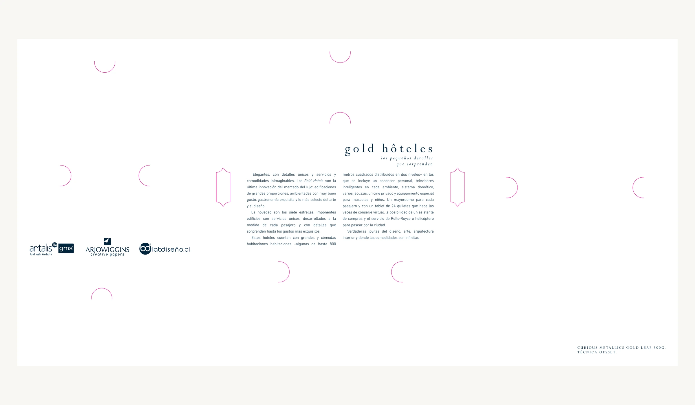 Lámina conceptual de Gold Hotels con relato de lujo y especificación de papel.