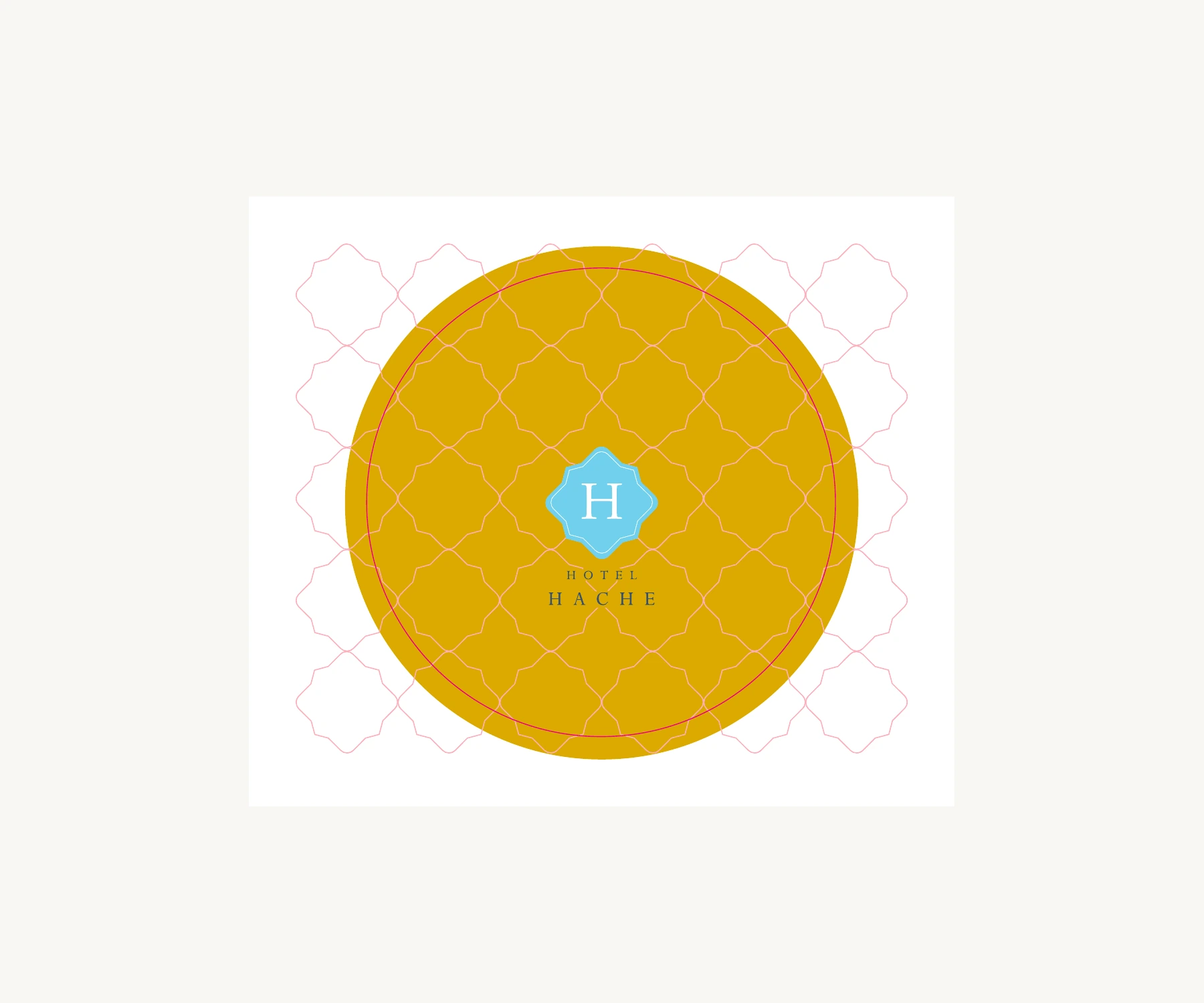 Posavasos circular de Gold Hotels con sello Hotel Hache sobre fondo dorado.