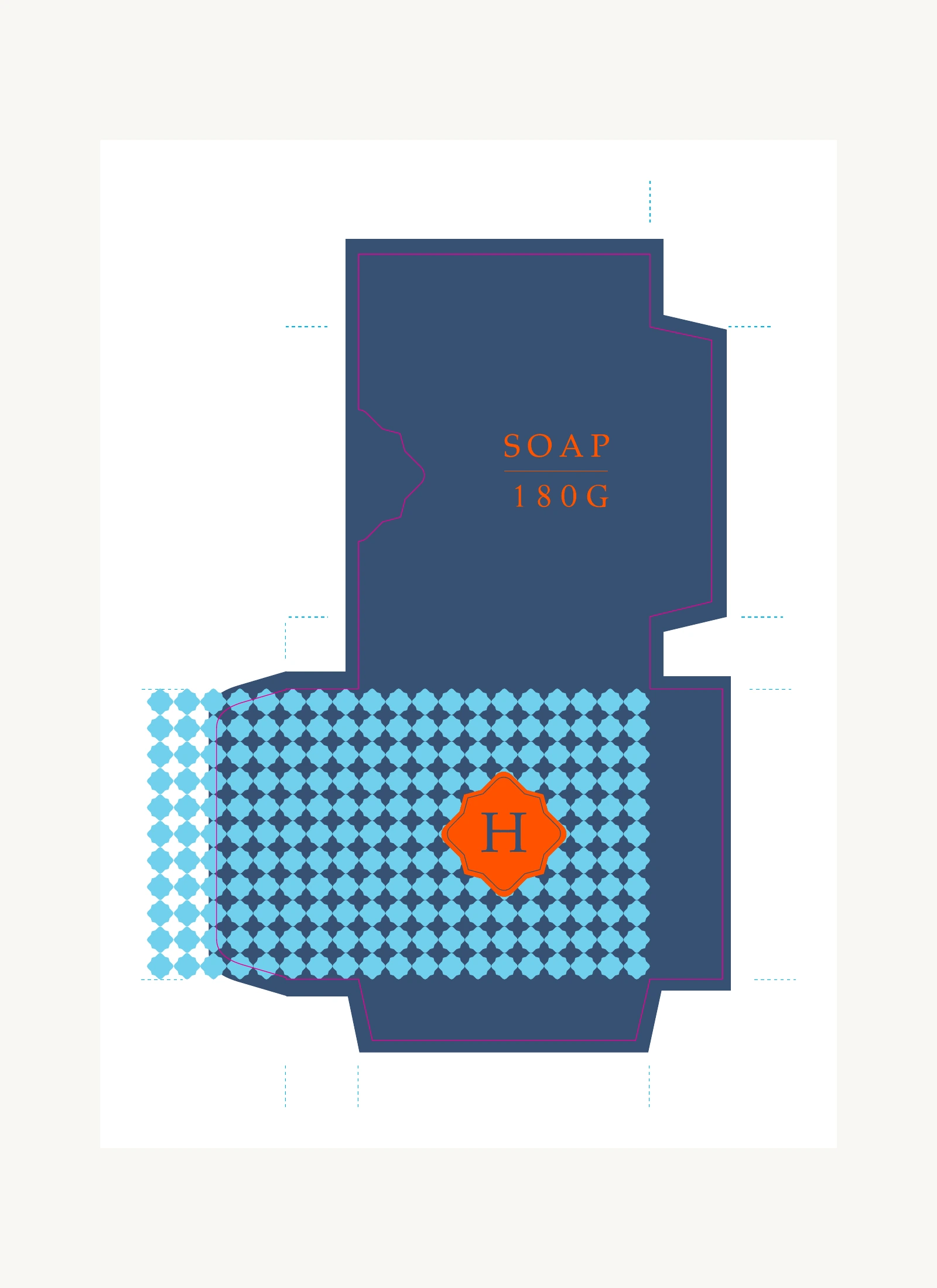 Desarrollo plano del empaque de jabón Gold Hotels en azul, celeste y naranjo.