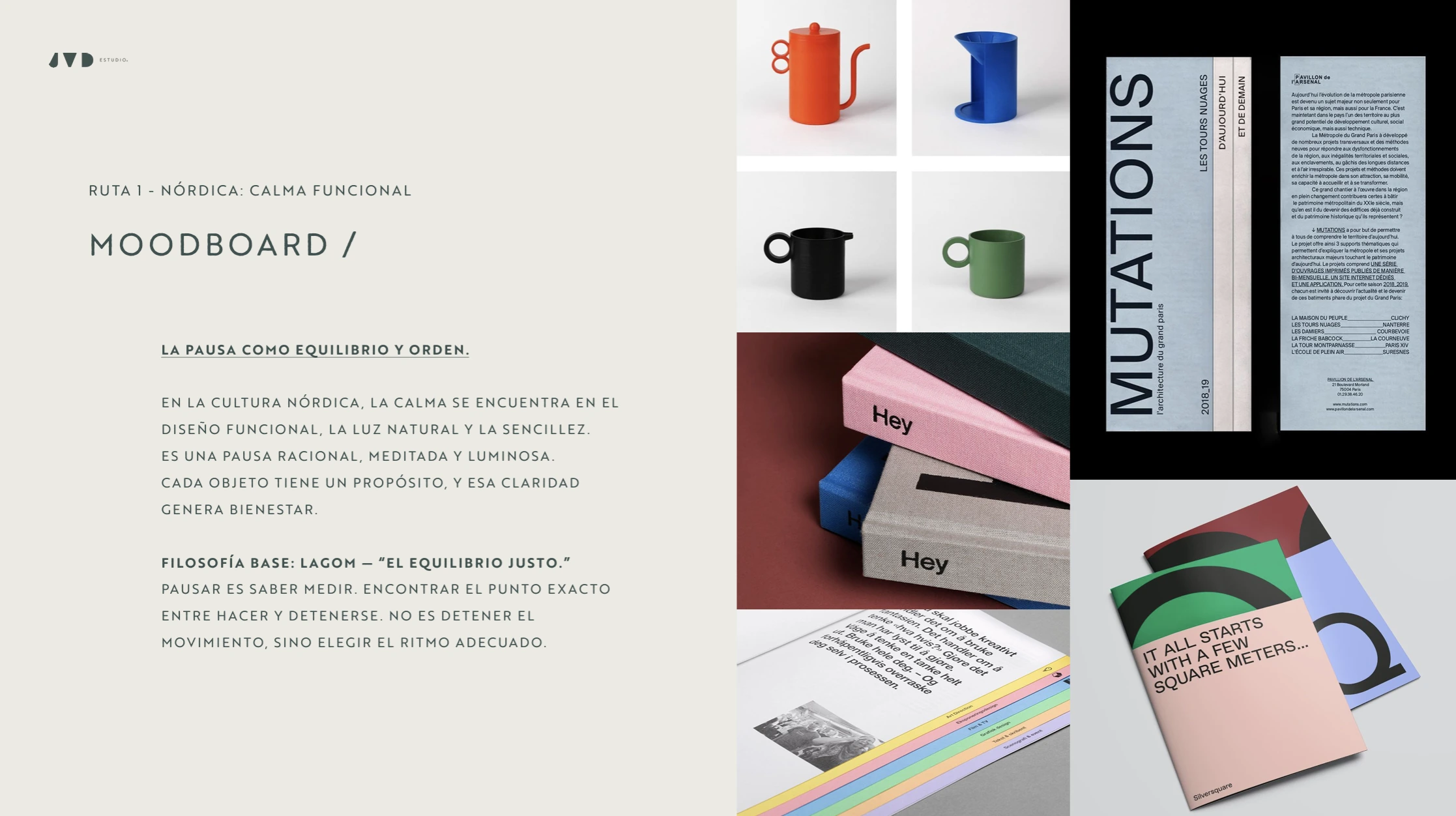 Moodboard conceptual de LŌM sobre calma funcional, diseño nórdico y filosofía lagom.